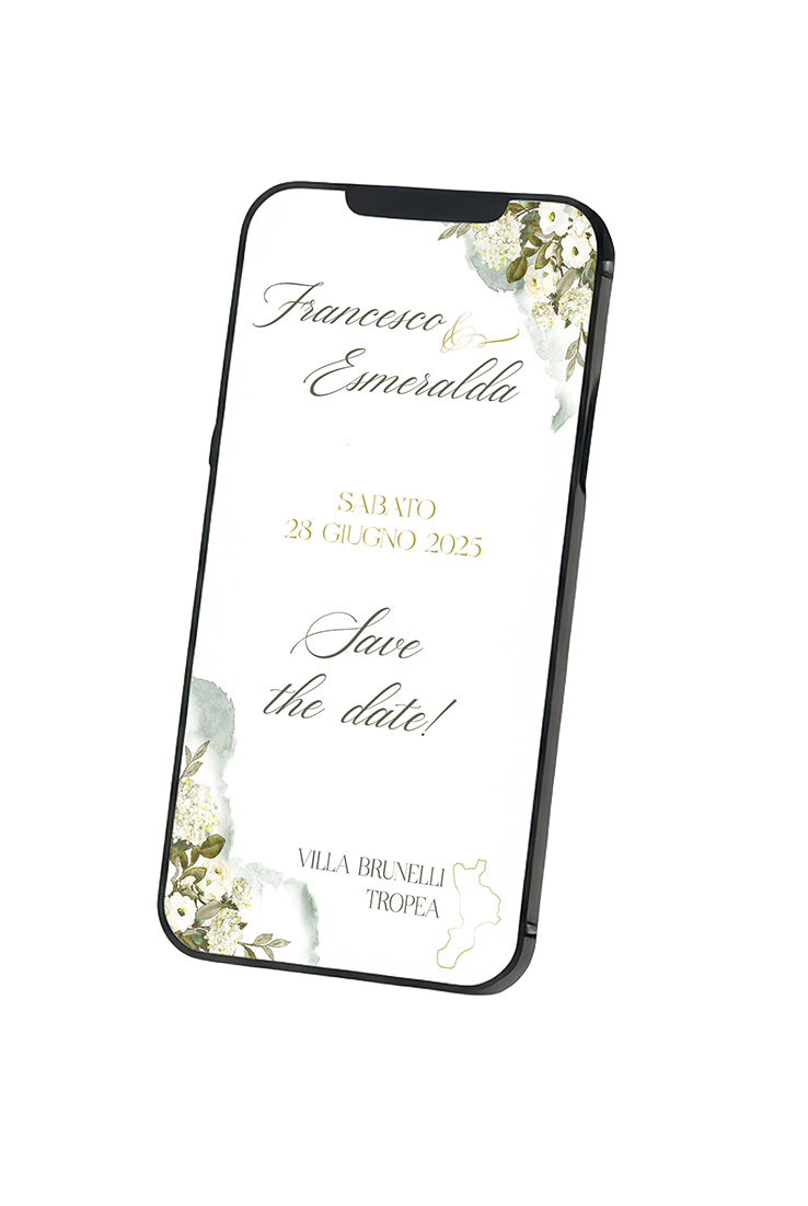 ave the date digitale per matrimonio dal design elegante con elementi floreali nei toni naturali, ideale per nozze raffinate e moderne.