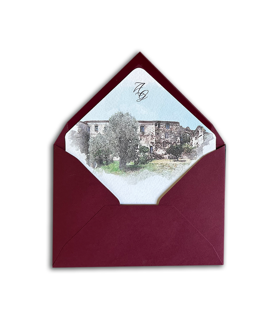 Envelope liner illustrato personalizzato per partecipazioni di matrimonio, coordinato grafico di nozze elegante
