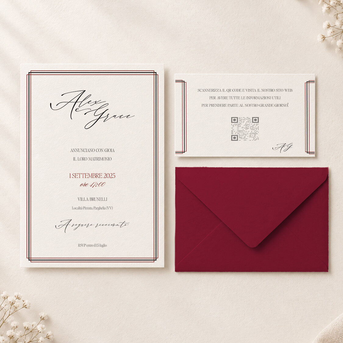 Partecipazione di matrimonio online stile minimal con calligrafia moderna, dettagli geometrici rossi e neri e busta rosso intenso. Invito elegante dal design contemporaneo, ideale per un matrimonio dallo stile essenziale e ricercato.